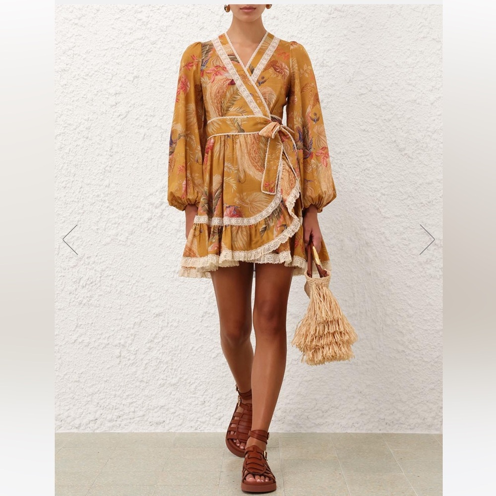 Final Zimmermann Ascension Lace Trim Wrap Dress Mustard Palm AU 1= US 6